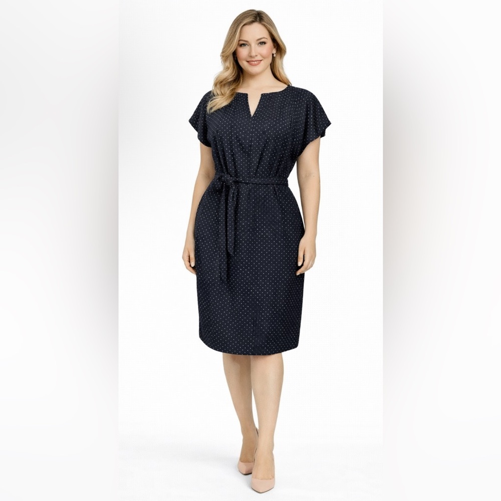 Talbots Dress 14 Shift W Belt Blue Tiny White Dots w Belt Washable NEW